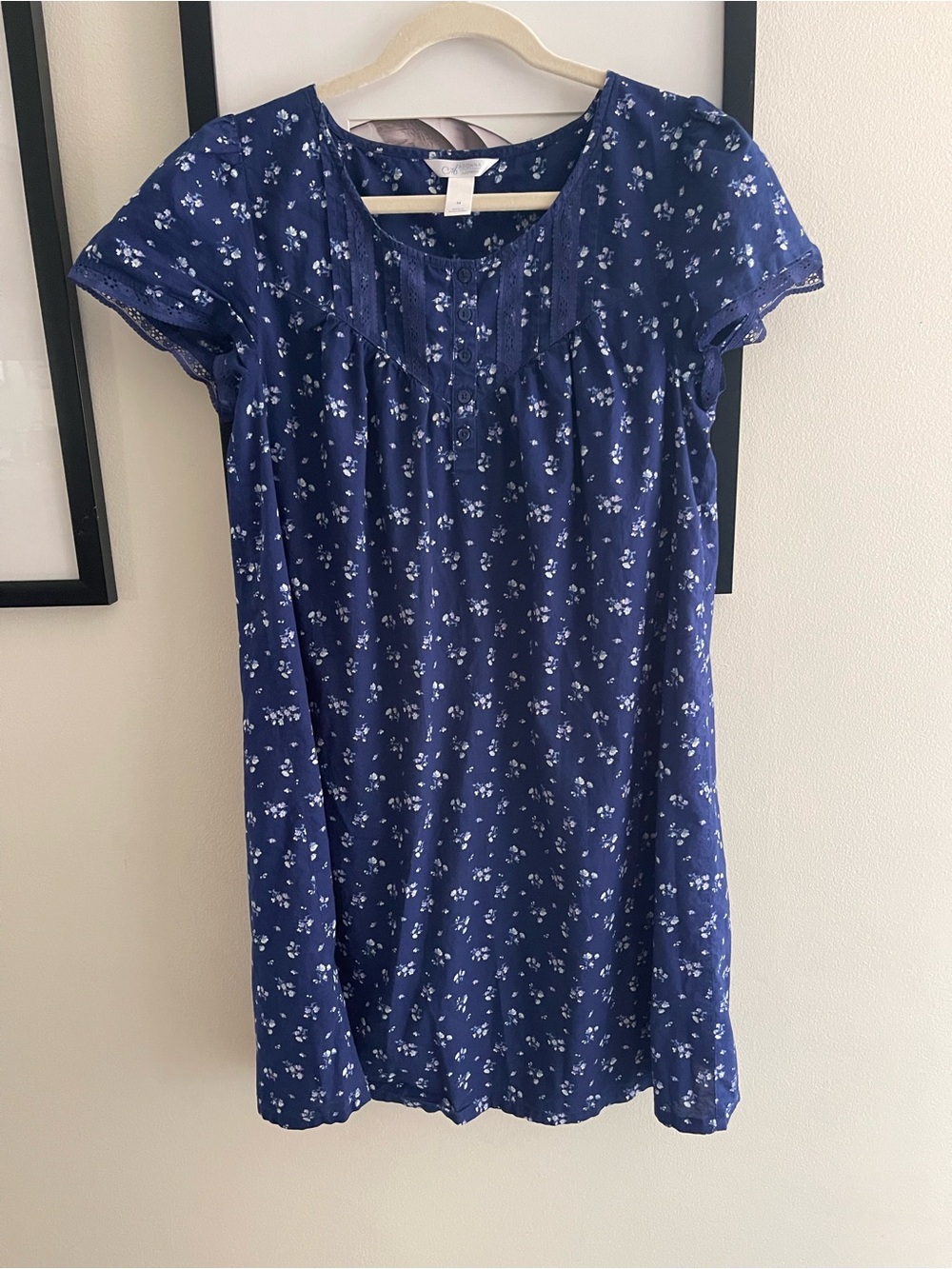 100% cotton Adonna Navy and White Floral Button-Front Sleep Dress Lace detail